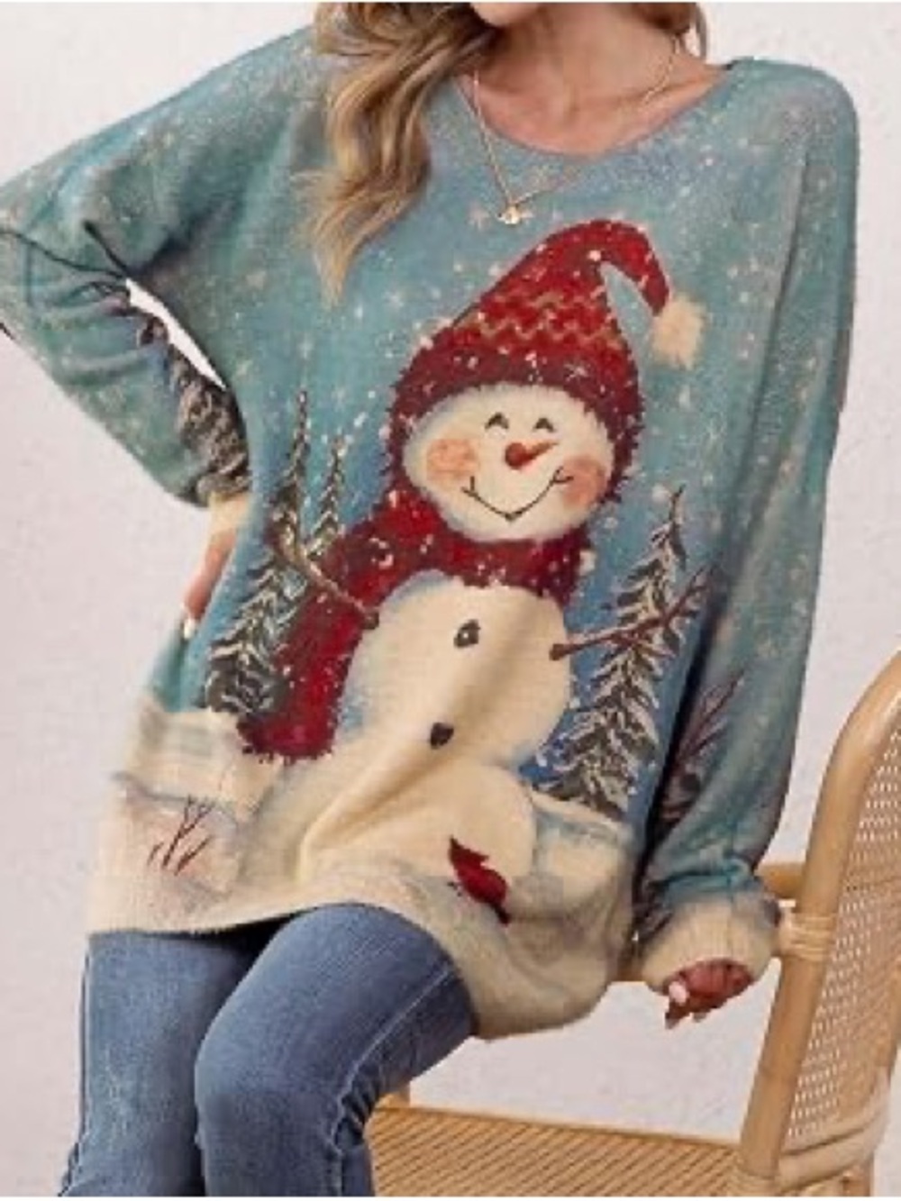New 44% Wool / 56% Cotton Snowman Knit Christmas Crew Neck Sweater Size Small